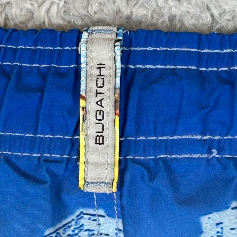 Bugatchi Mens Blue Coastal Village‎ Graphic Print Swim Trunks Mesh Lined Large